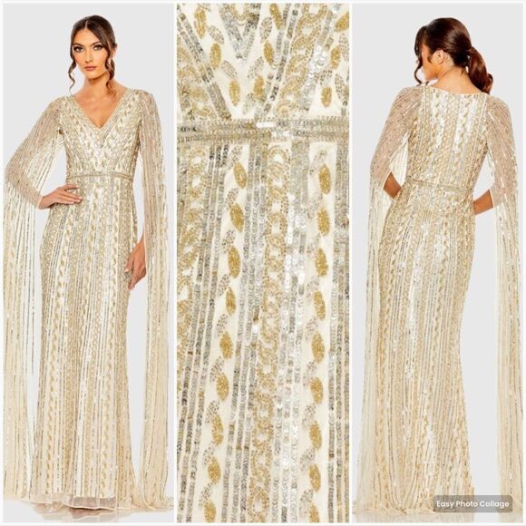 Mac Duggal 5915 Womens Nude Gold SEQUINED V-NECK GOWN  Dress WITH CAPE SLEEVES - Picture 1 of 14